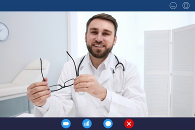 Image of Pediatrician consulting patient online using video chat in clinic, view from webcam