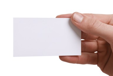 Man holding blank business card on white background, closeup