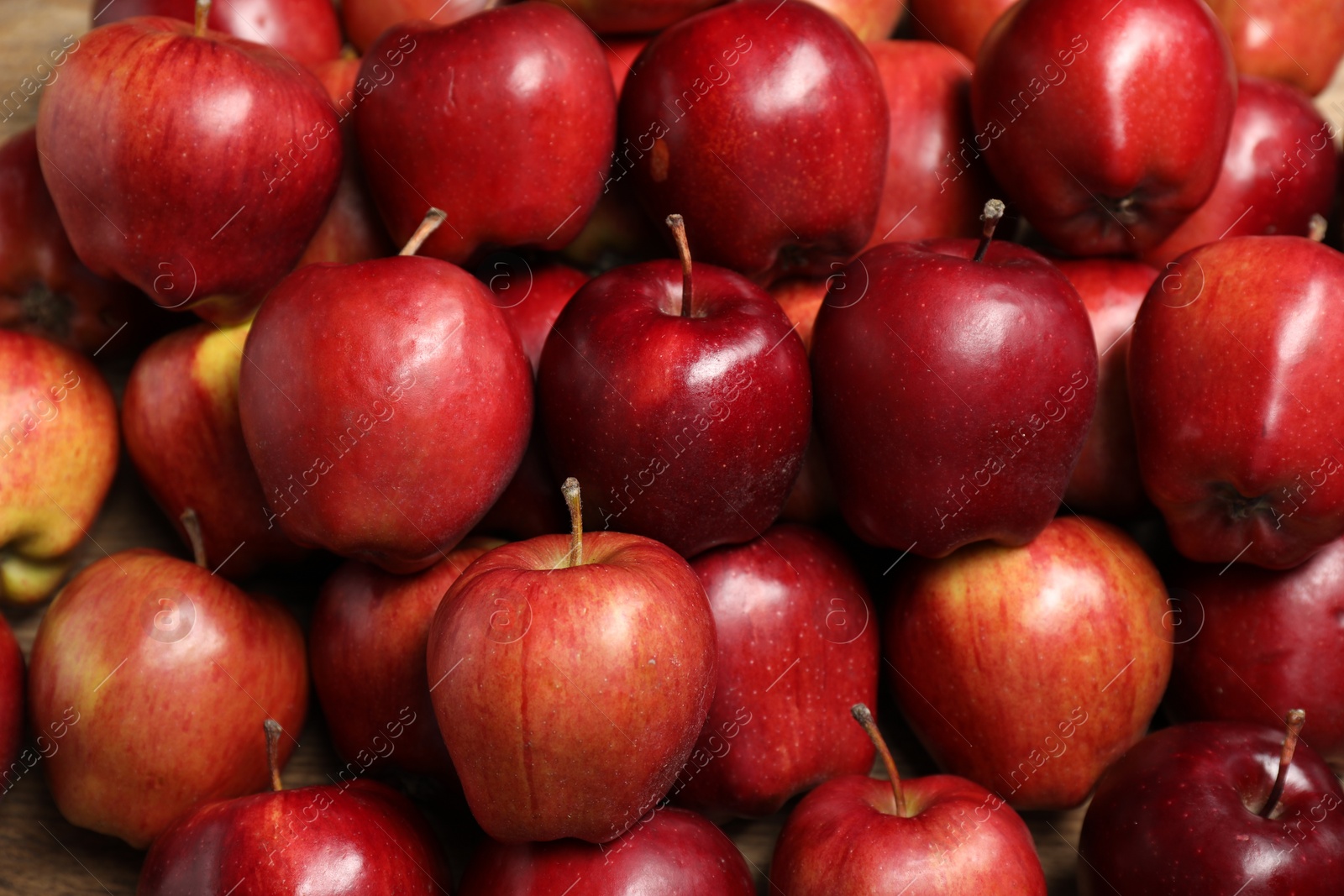 Photo of Fresh ripe red apples as background, top view