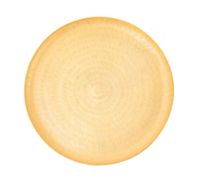 Shiny stylish gold tray on white background, top view