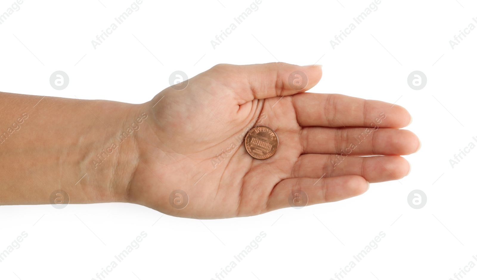 Photo of Young man holding coin on white background, top view