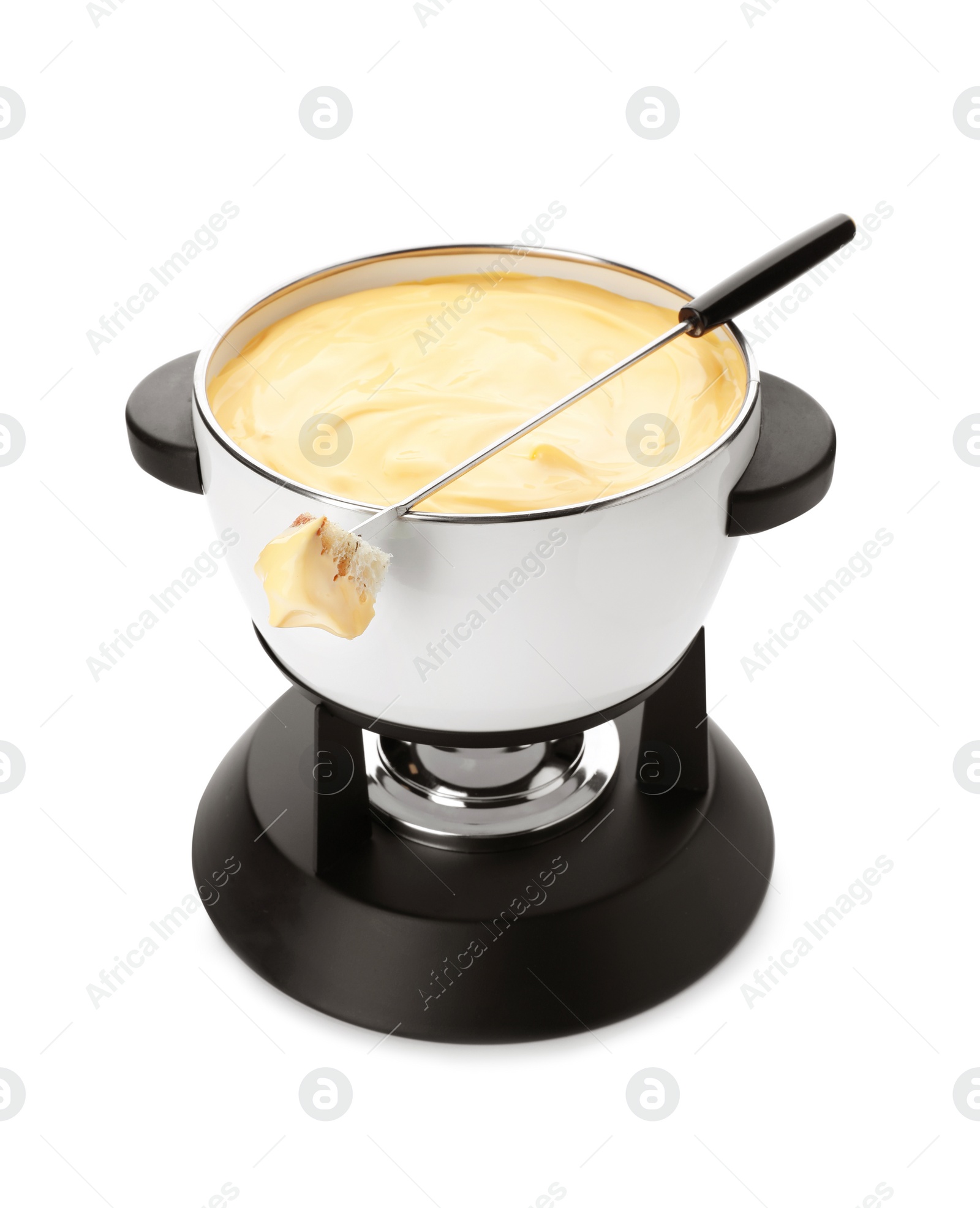 Photo of Pot of delicious cheese fondue and fork with bread on white background