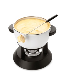 Photo of Pot of delicious cheese fondue and fork with bread on white background