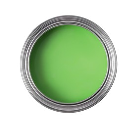 Photo of Can of light green paint isolated on white, top view