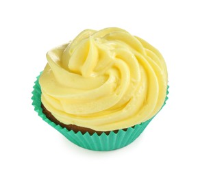 Delicious cupcake with yellow cream isolated on white