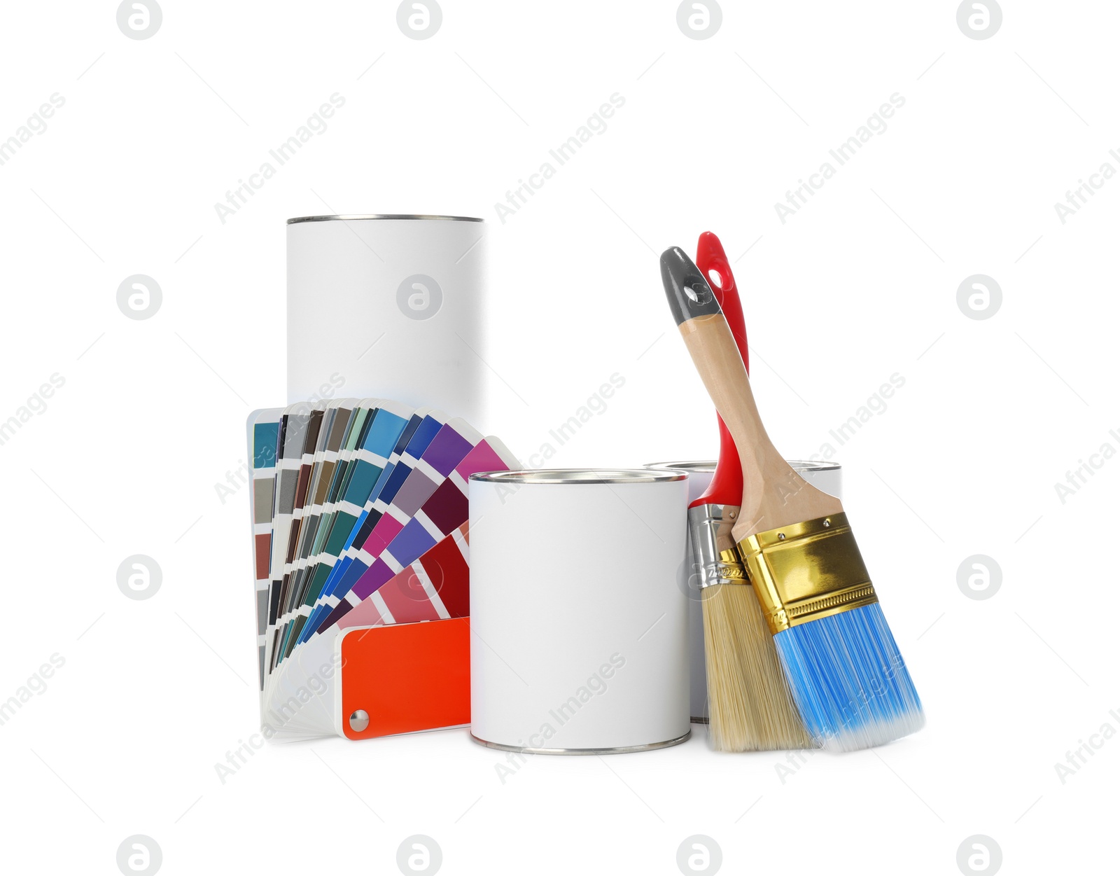 Photo of Closed blank cans of paint with brushes and palette isolated on white