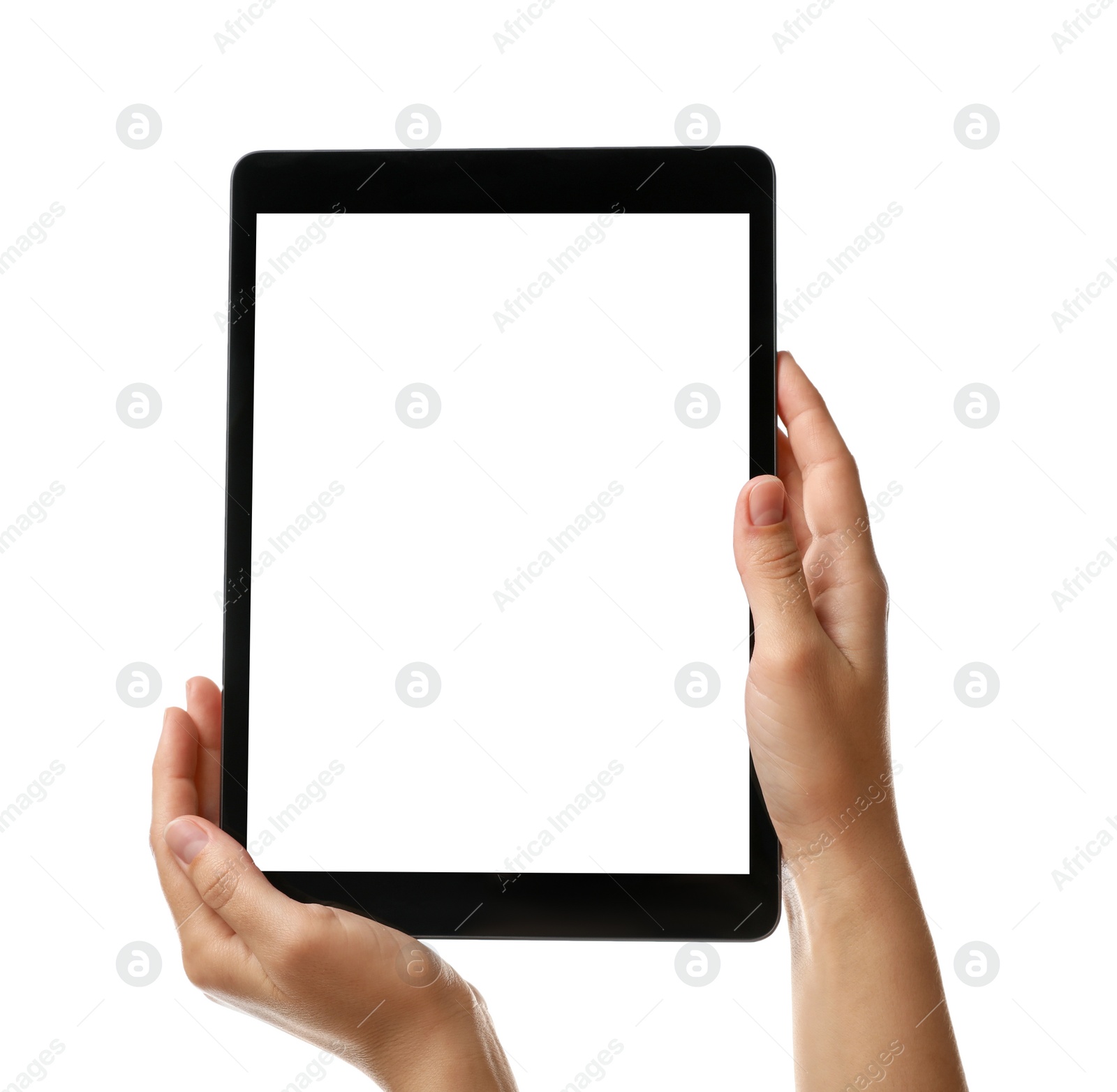 Photo of Woman holding tablet computer with blank screen on white background, closeup. Modern gadget