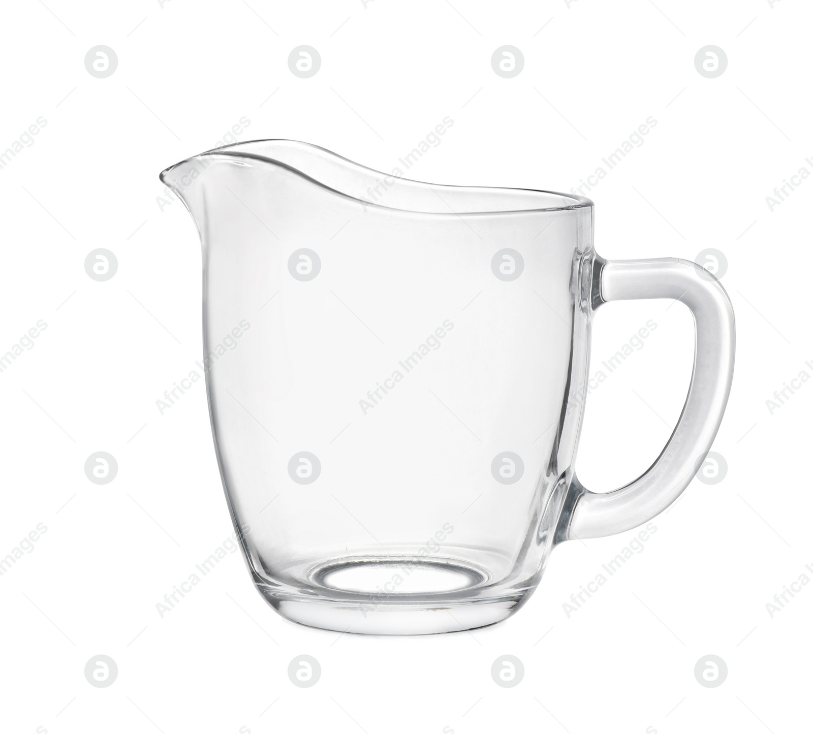 Photo of Empty glass pitcher with handle isolated on white