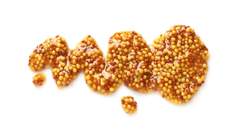 Photo of Delicious mustard beans on white background, top view. Spicy sauce