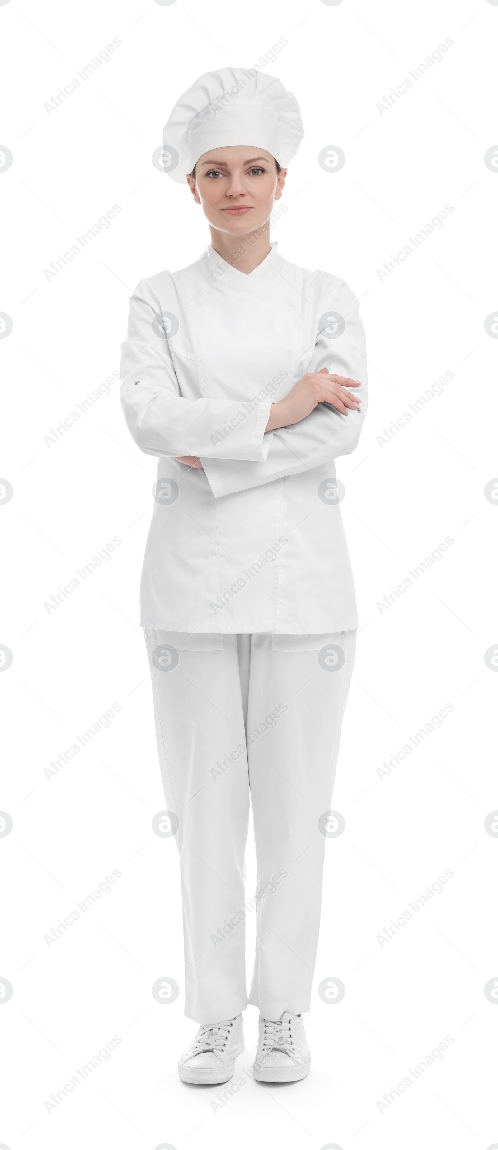 Photo of Woman chef in uniform on white background