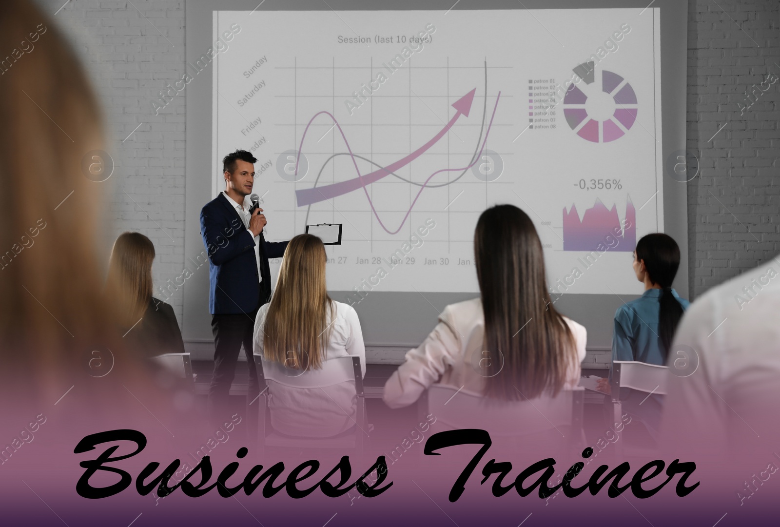Image of Professional business trainer giving lecture in conference room with projection screen