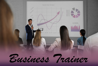 Professional business trainer giving lecture in conference room with projection screen