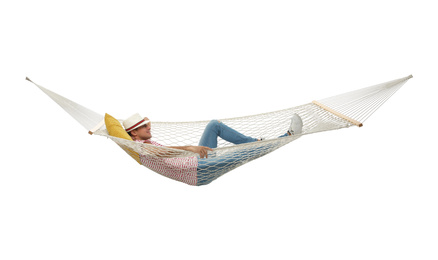 Photo of Man resting in hammock on white background