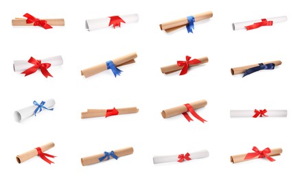 Rolled student's diplomas with blue and red ribbons on white background, collage
