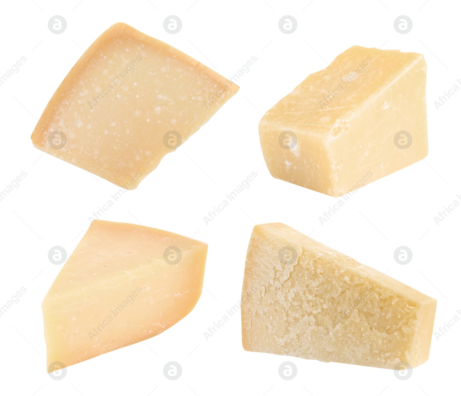 Image of Set with pieces of delicious parmesan cheese on white background 