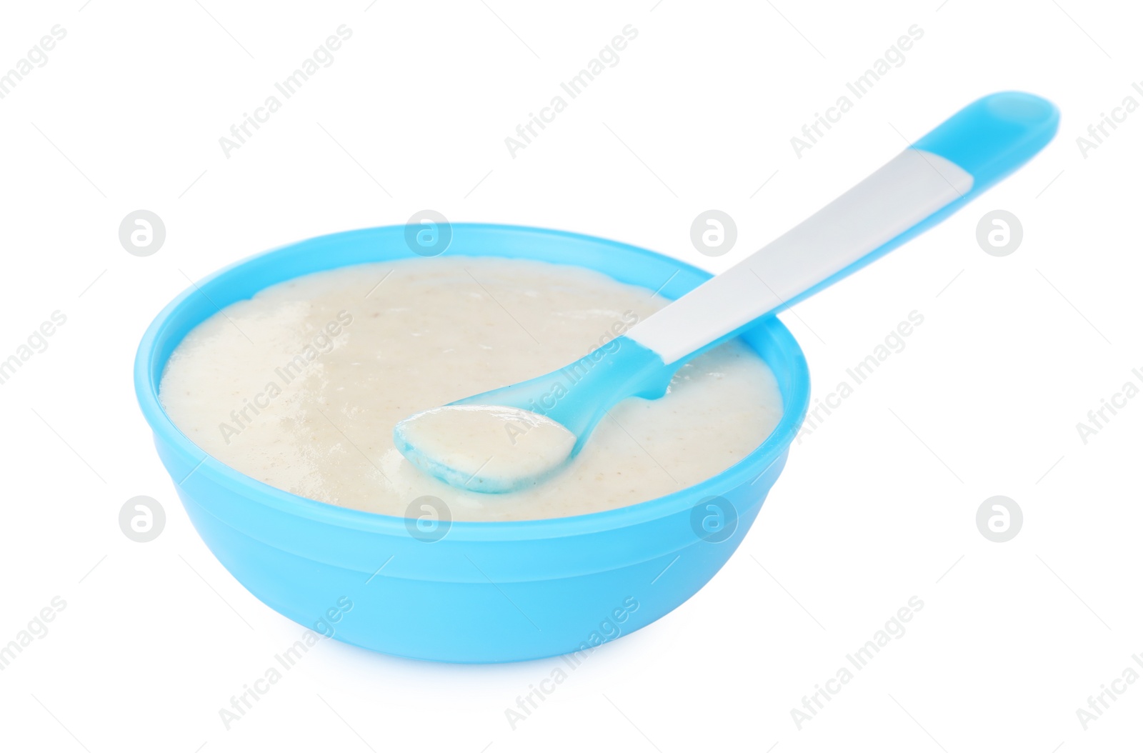 Photo of Healthy baby food in bowl on white background