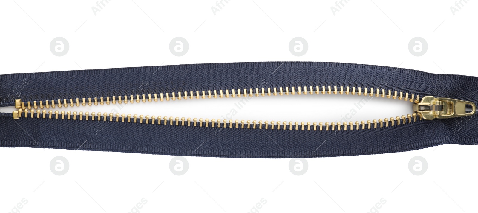 Photo of Dark blue zipper on white background, top view