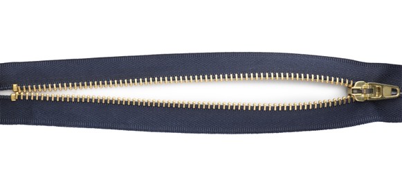 Photo of Dark blue zipper on white background, top view