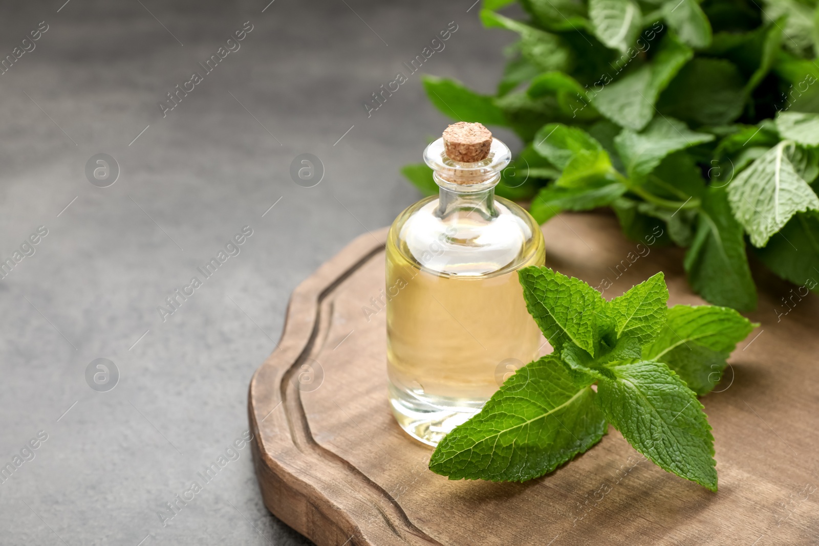 Photo of Bottle of essential oil and mint on grey table, closeup. Space for text