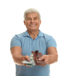Happy senior man with cash money and wallet on white background
