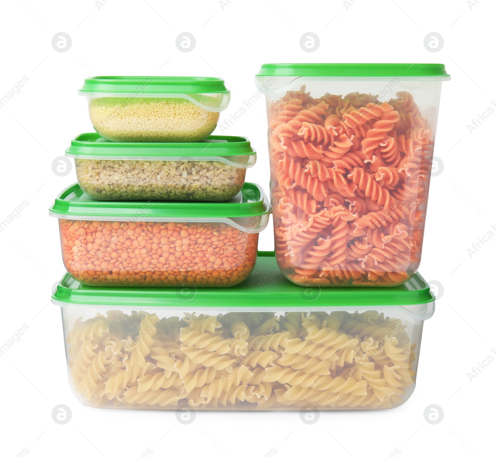 Photo of Plastic containers filled with food products isolated on white