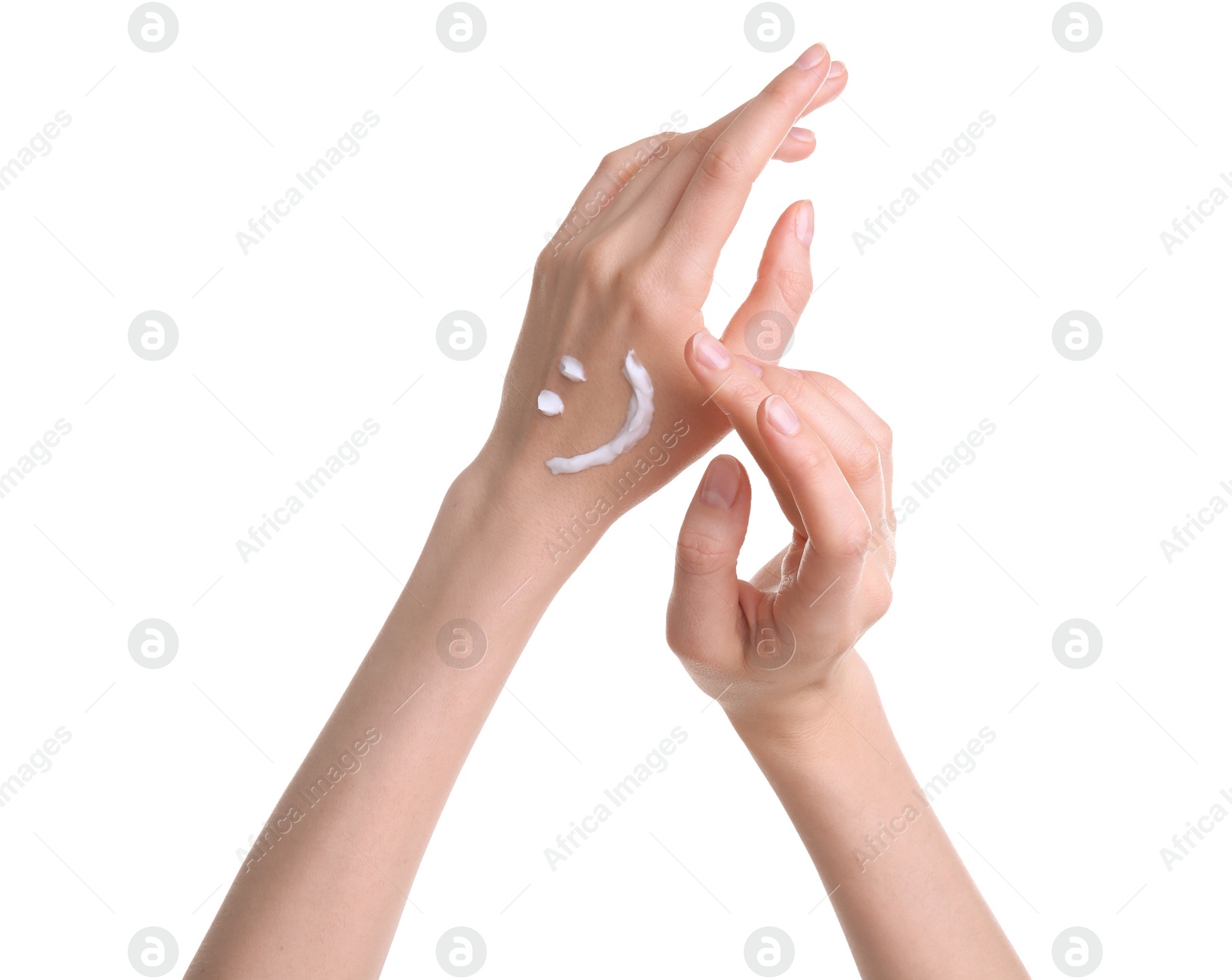 Photo of Young woman applying hand cream against on white background