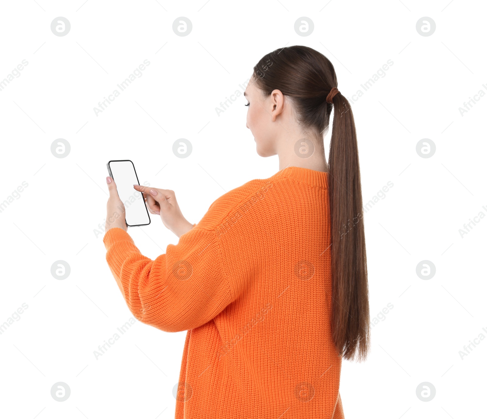 Photo of Woman using smartphone with blank screen on white background