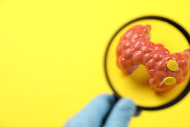 Endocrinologist looking at model of thyroid gland through magnifying glass on yellow background, closeup. Space for text