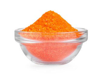 Photo of Glass bowl with orange food coloring isolated on white