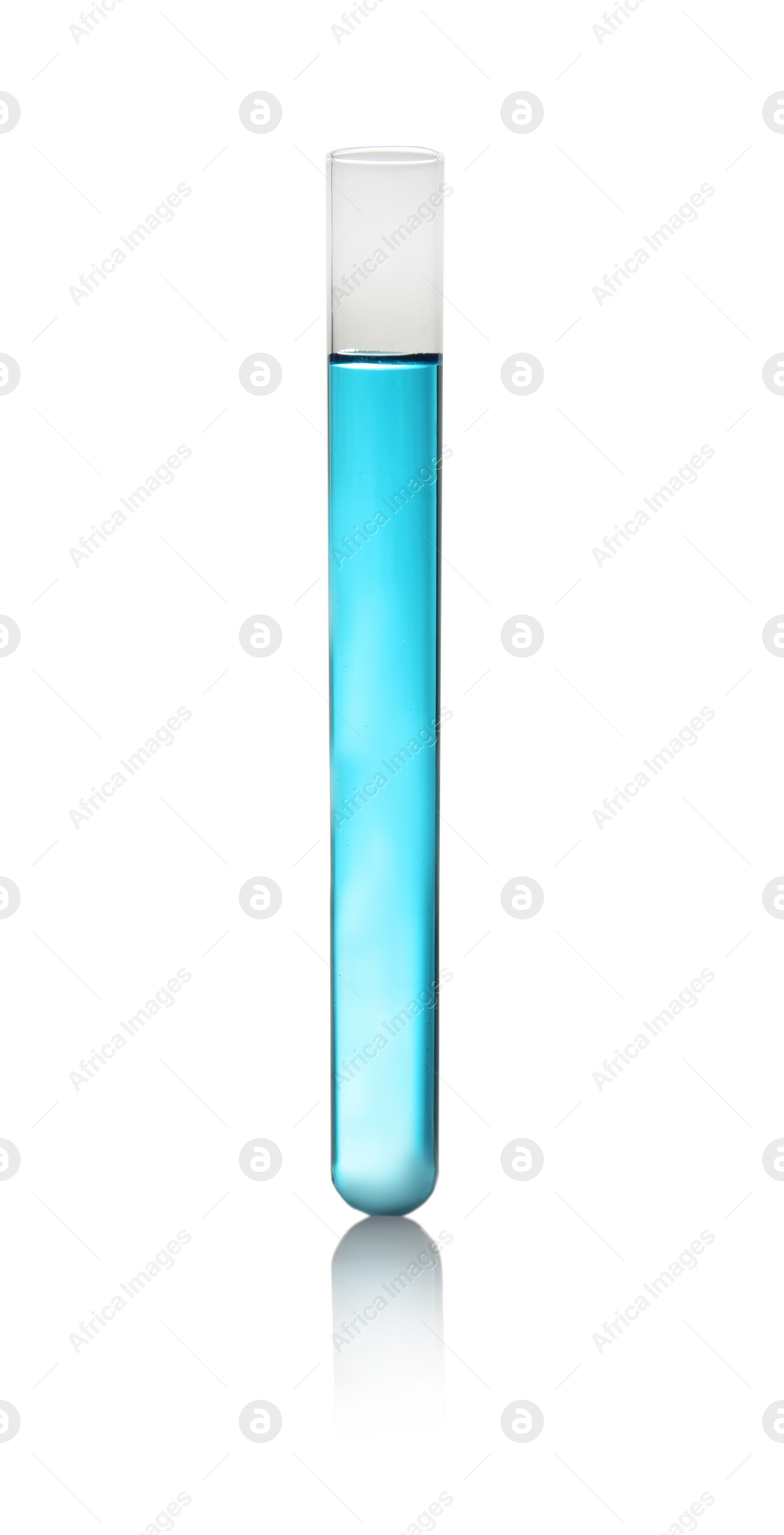 Photo of Test tube of color liquid isolated on white. Solution chemistry