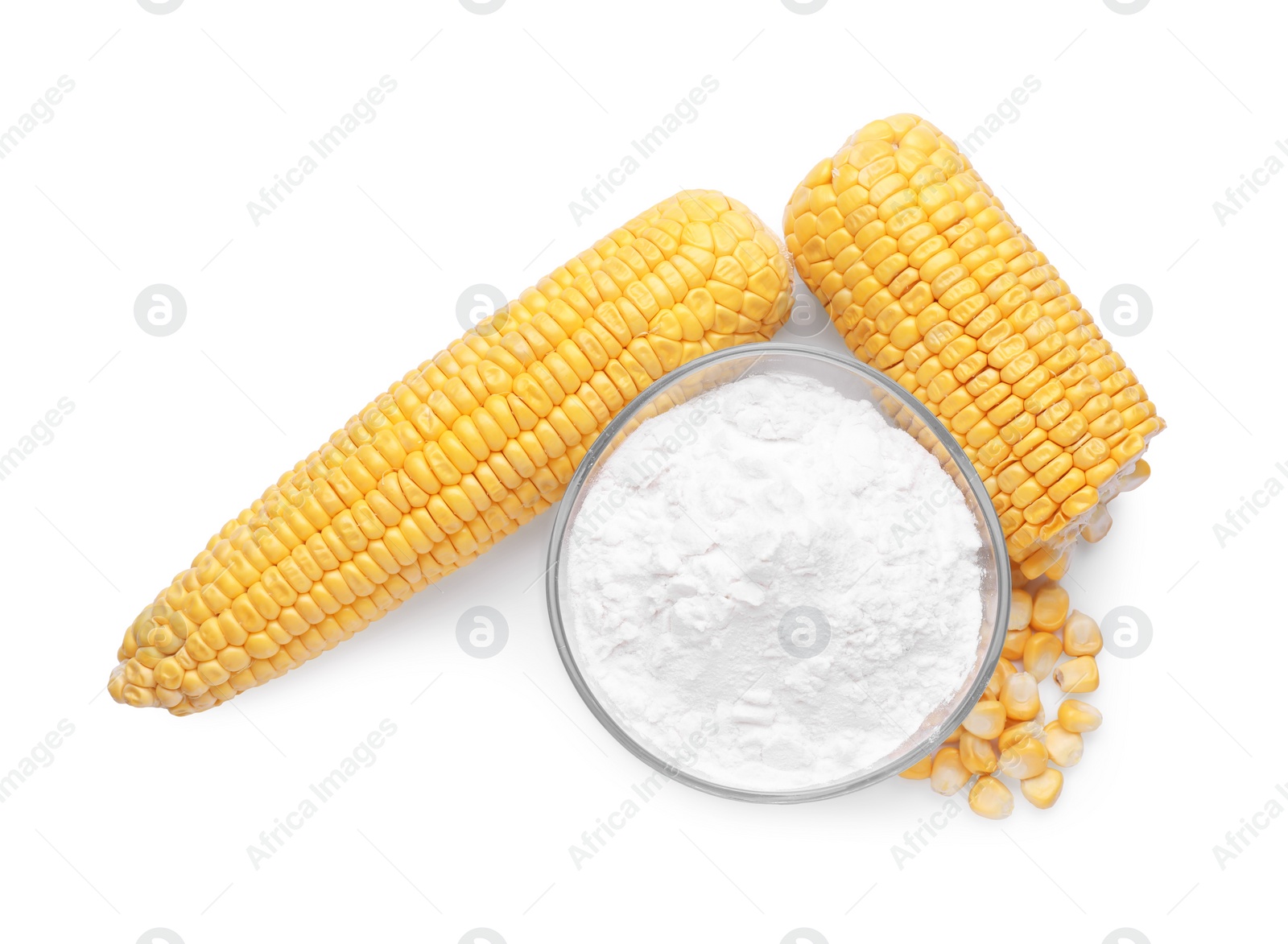 Photo of Bowl with corn starch, ripe cobs and kernels isolated on white, top view