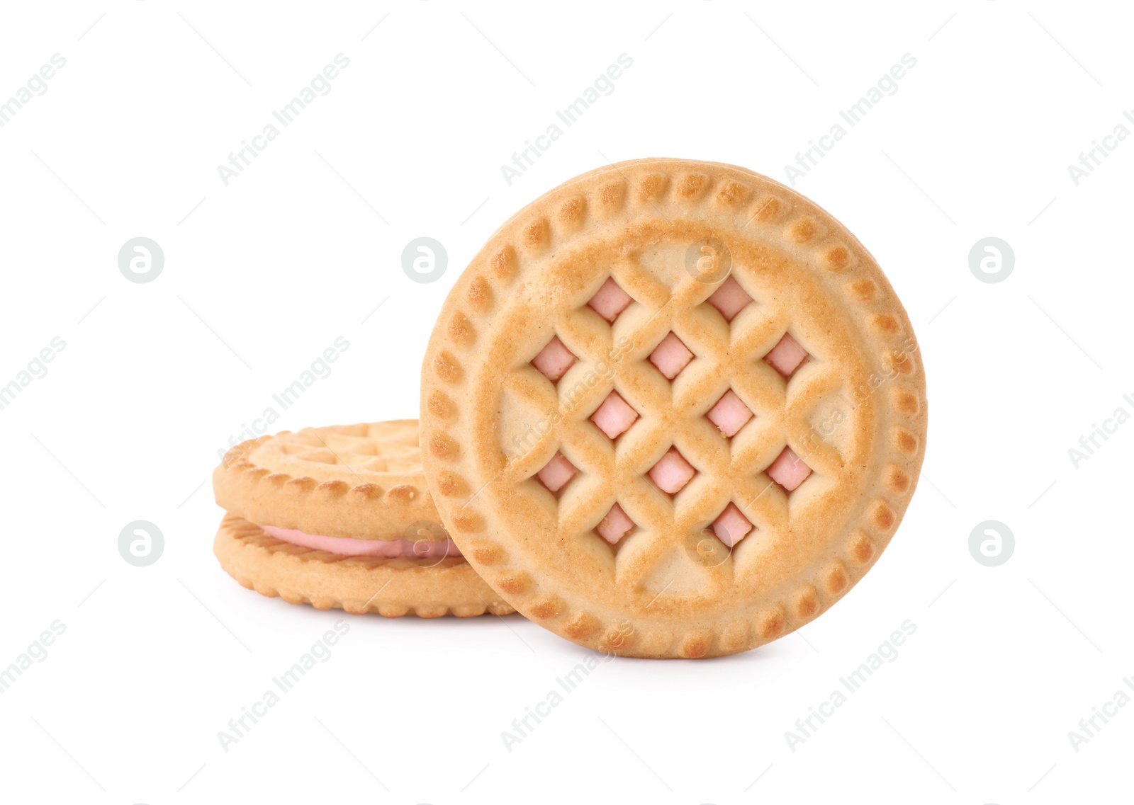 Photo of Tasty sandwich cookies with cream isolated on white