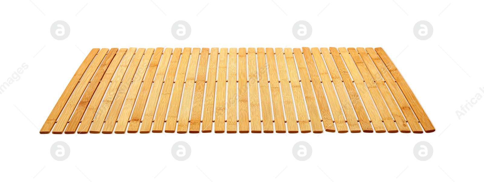 Photo of Wooden bath mat isolated on white. Floor covering