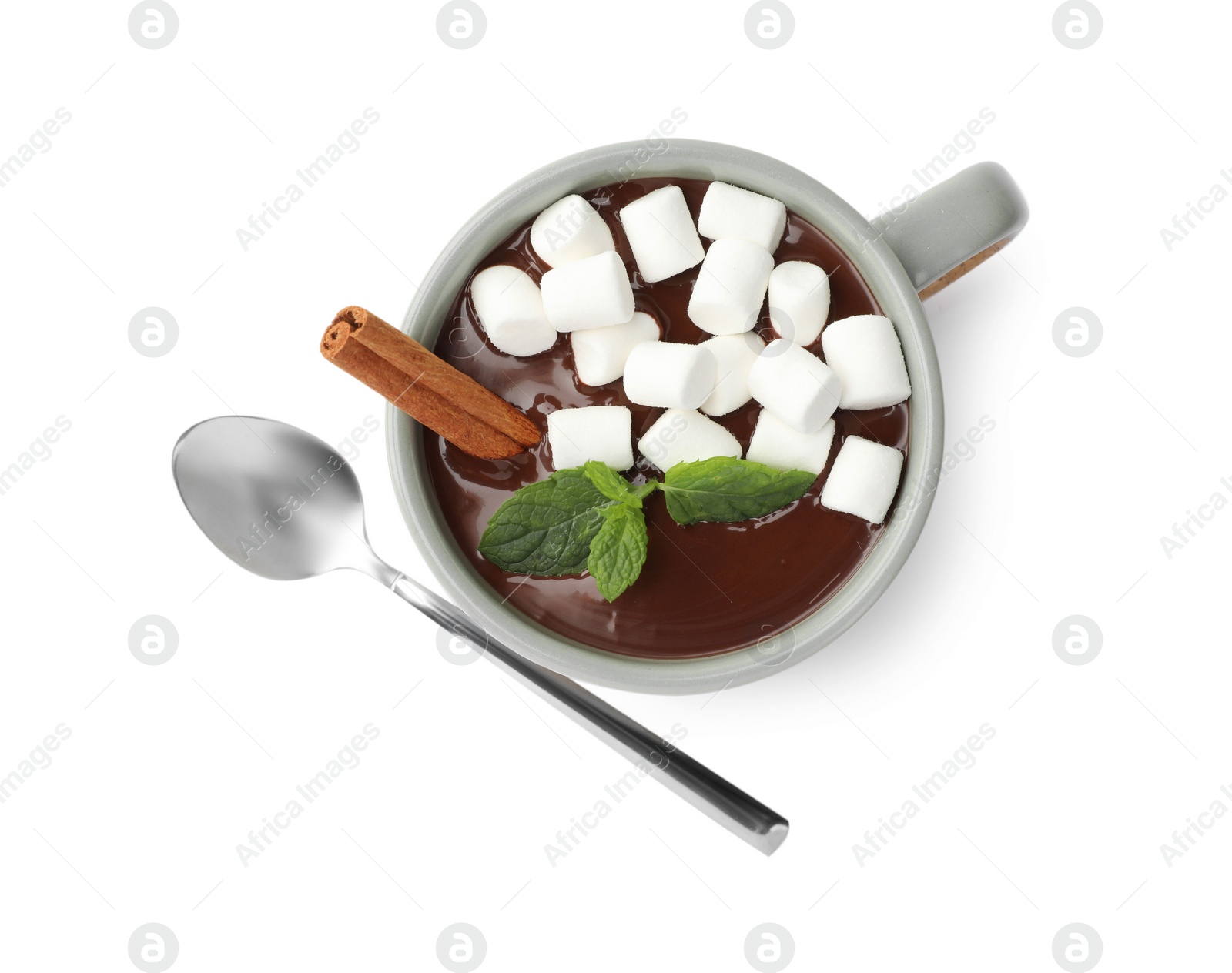 Photo of Cup of delicious hot chocolate with marshmallows, mint and spoon on white background