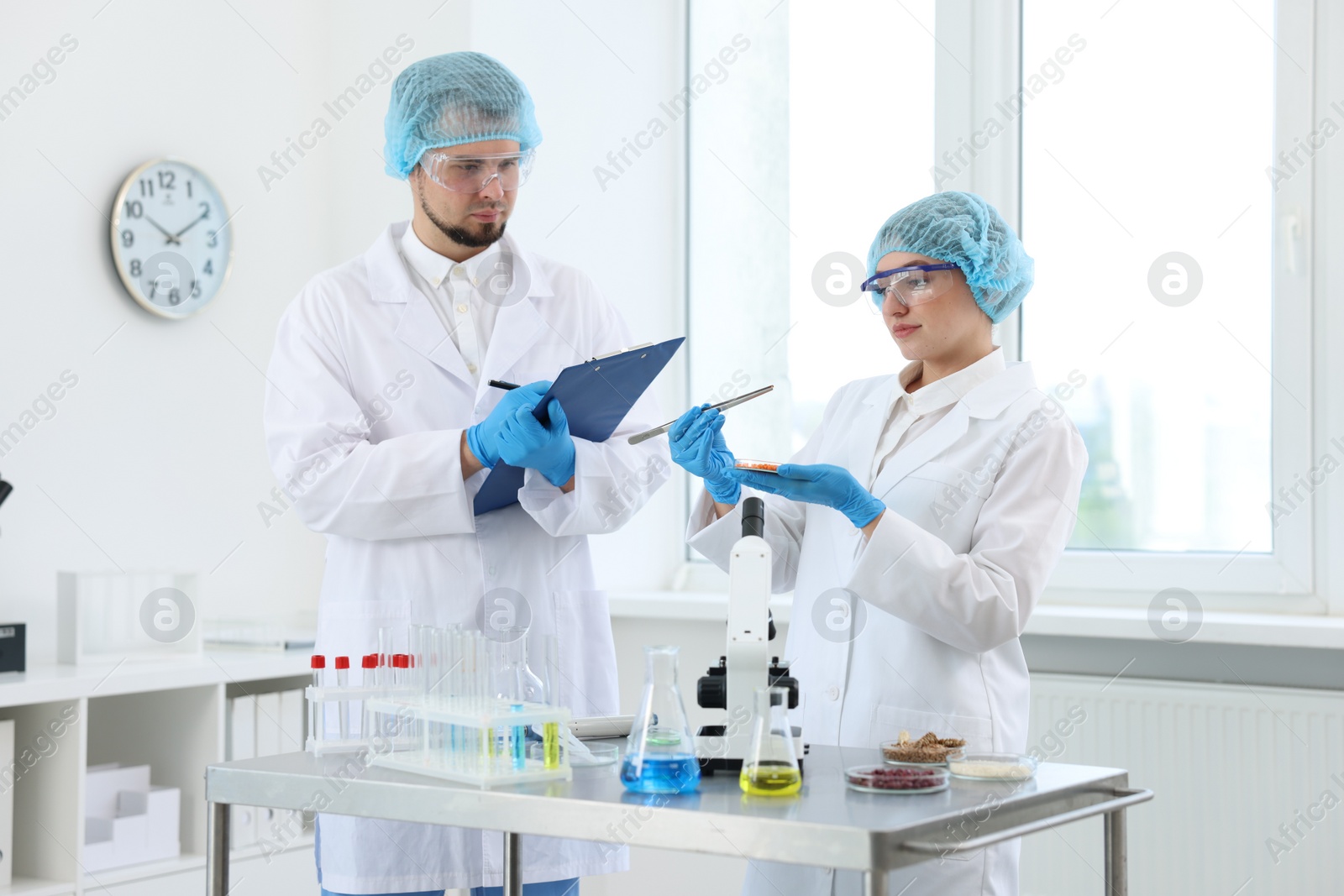 Photo of Quality control. Food inspectors checking safety of products in laboratory