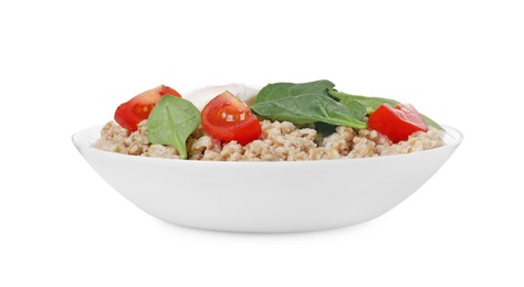 Photo of Delicious boiled oatmeal with poached egg, tomato, avocado and basil in bowl isolated on white