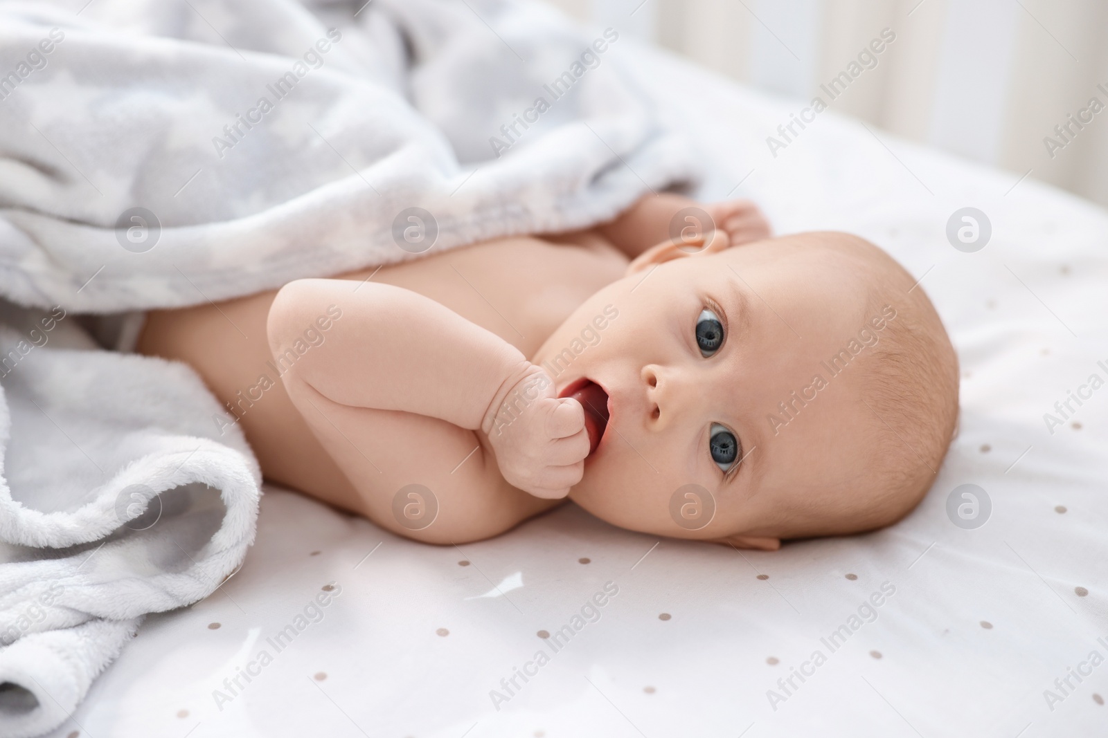 Photo of Cute little baby lying in crib at home