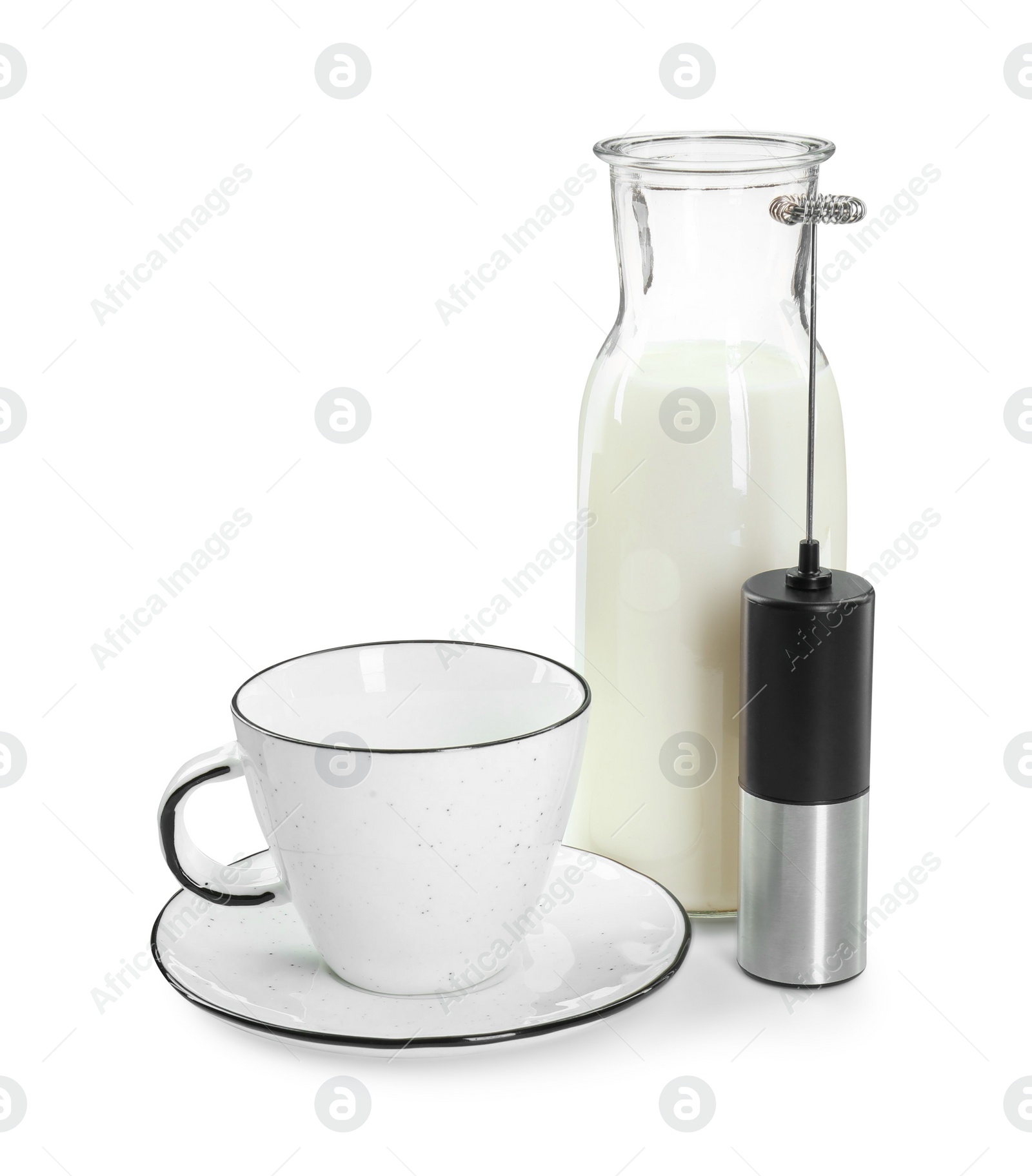 Photo of Mini mixer (milk frother), cup and bottle isolated on white