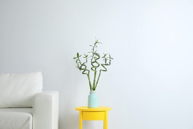 Vase with bamboo stems on yellow table in living room