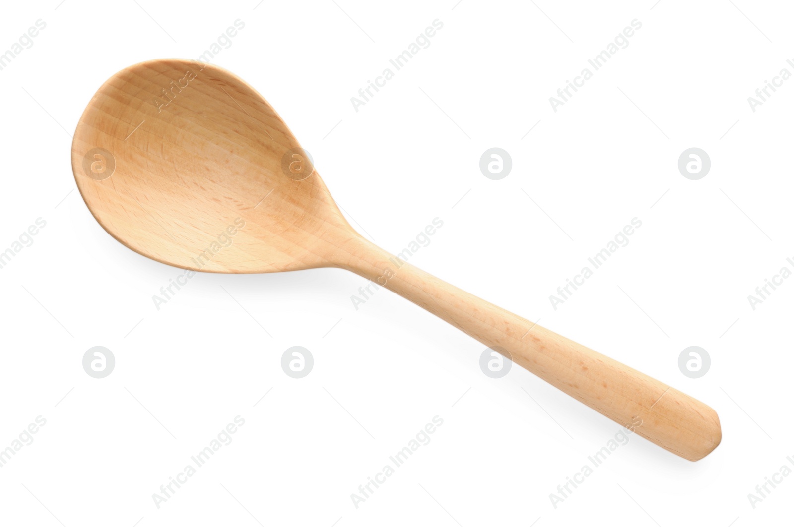 Photo of One empty wooden spoon isolated on white, top view