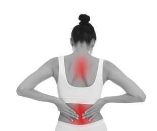 Image of Woman suffering back pain in back on white background