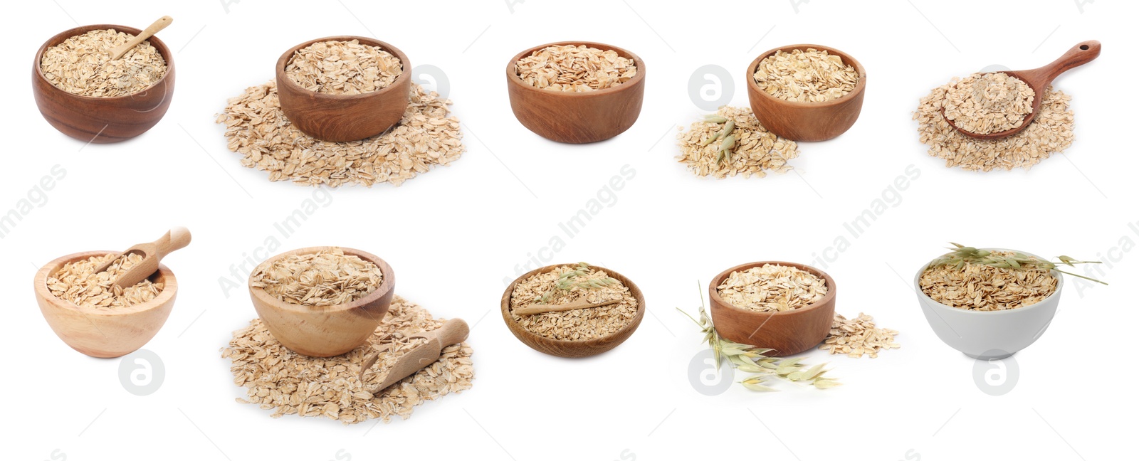 Image of Rolled oats in bowls isolated on white, collection