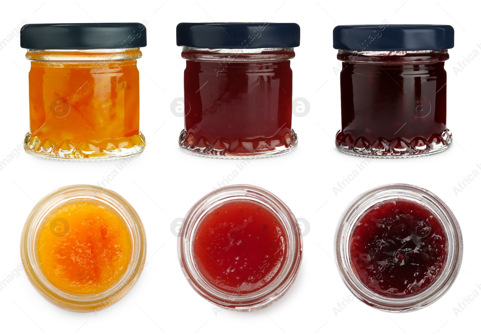 Image of Set with jars of different tasty jam on white background