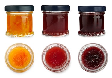 Set with jars of different tasty jam on white background