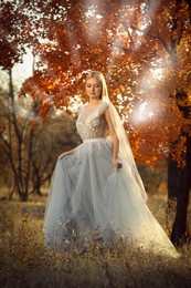 Beautiful girl wearing fairy dress in autumn forest