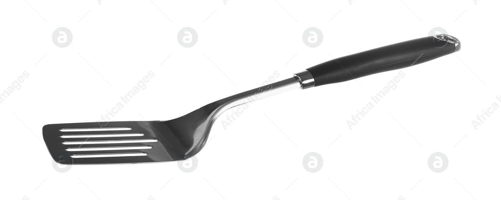 Photo of One metal spatula with black handle isolated on white