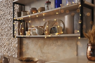 Photo of Kitchen interior with festive decor. Christmas celebration