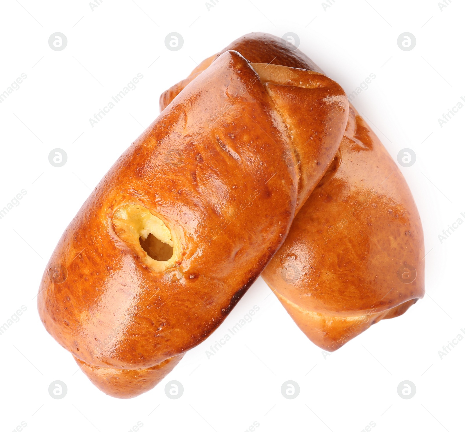 Photo of Two delicious baked patties with filling on white background, top view