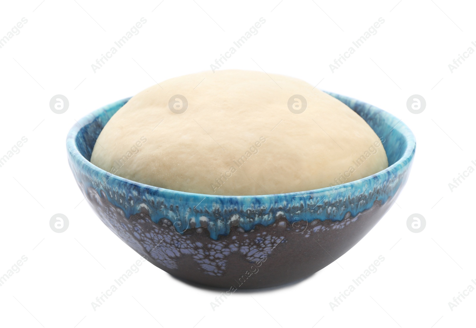 Photo of Bowl with raw dough on white background