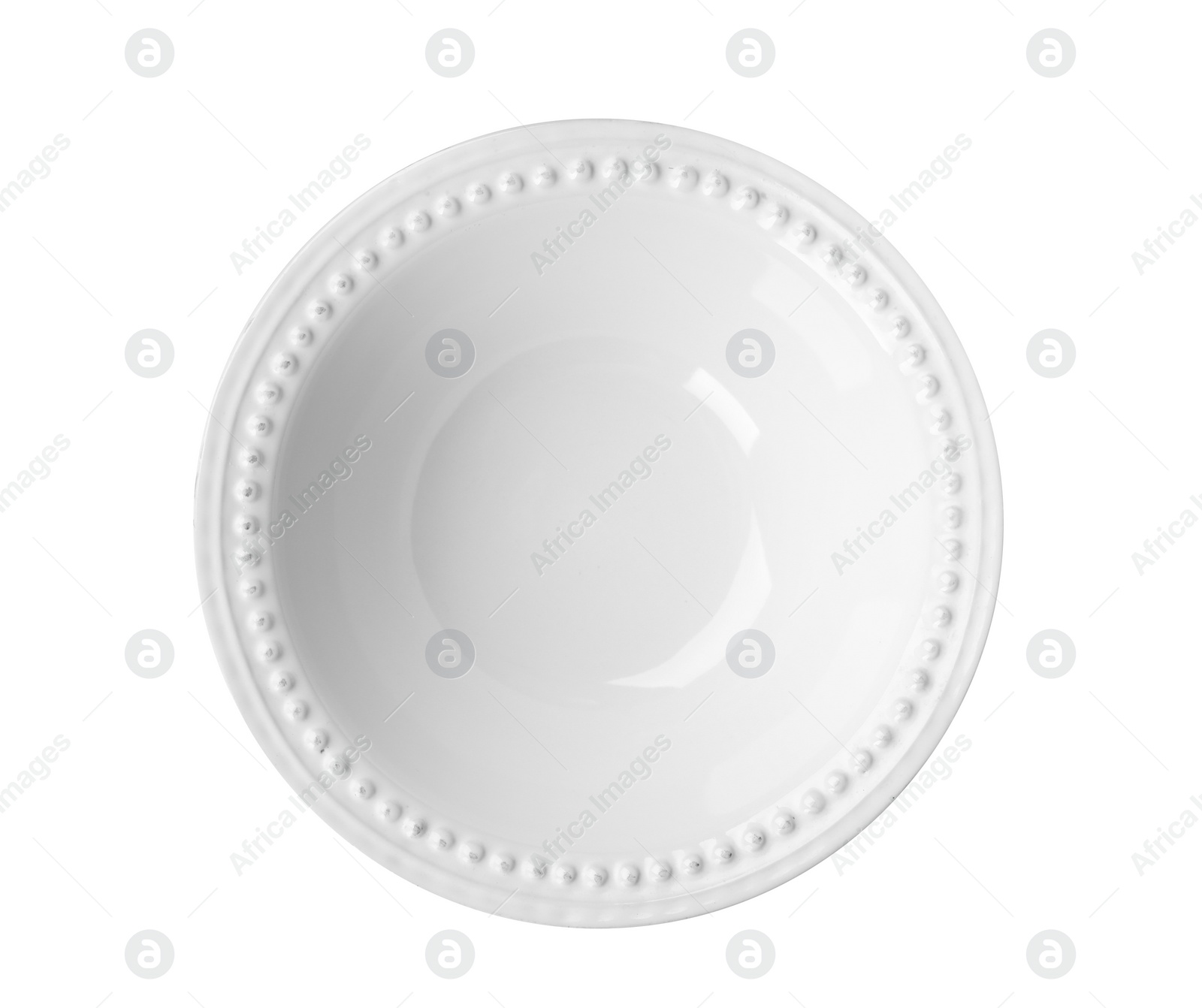 Photo of Ceramic bowl with space for text on white background, top view. Washing dishes